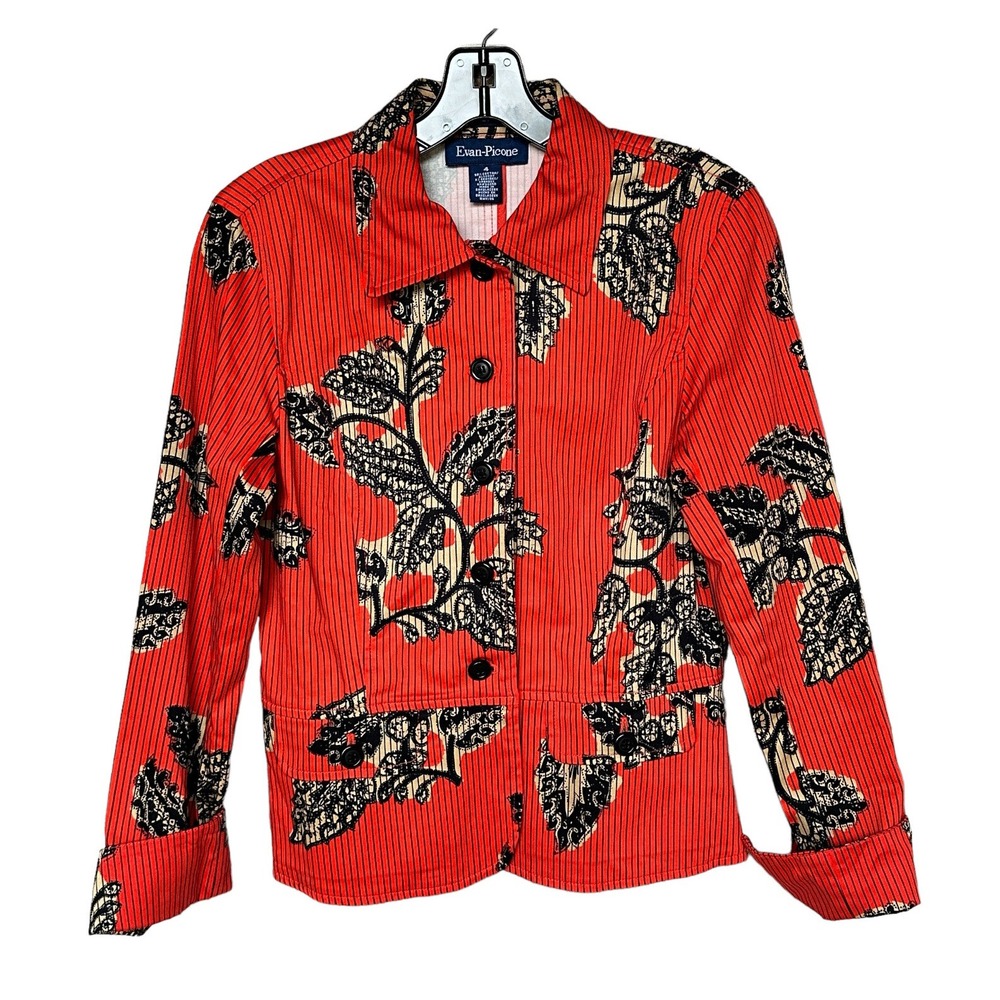 Evan Picone Jacket Blazer Women Size‎ 4 Red Orange Black Floral EUC Cotton Blend